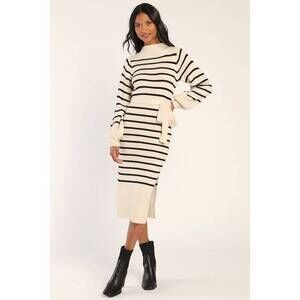 Lulus Stripe Things Up Cream Striped Mock Neck Bodycon Sweater Dress White